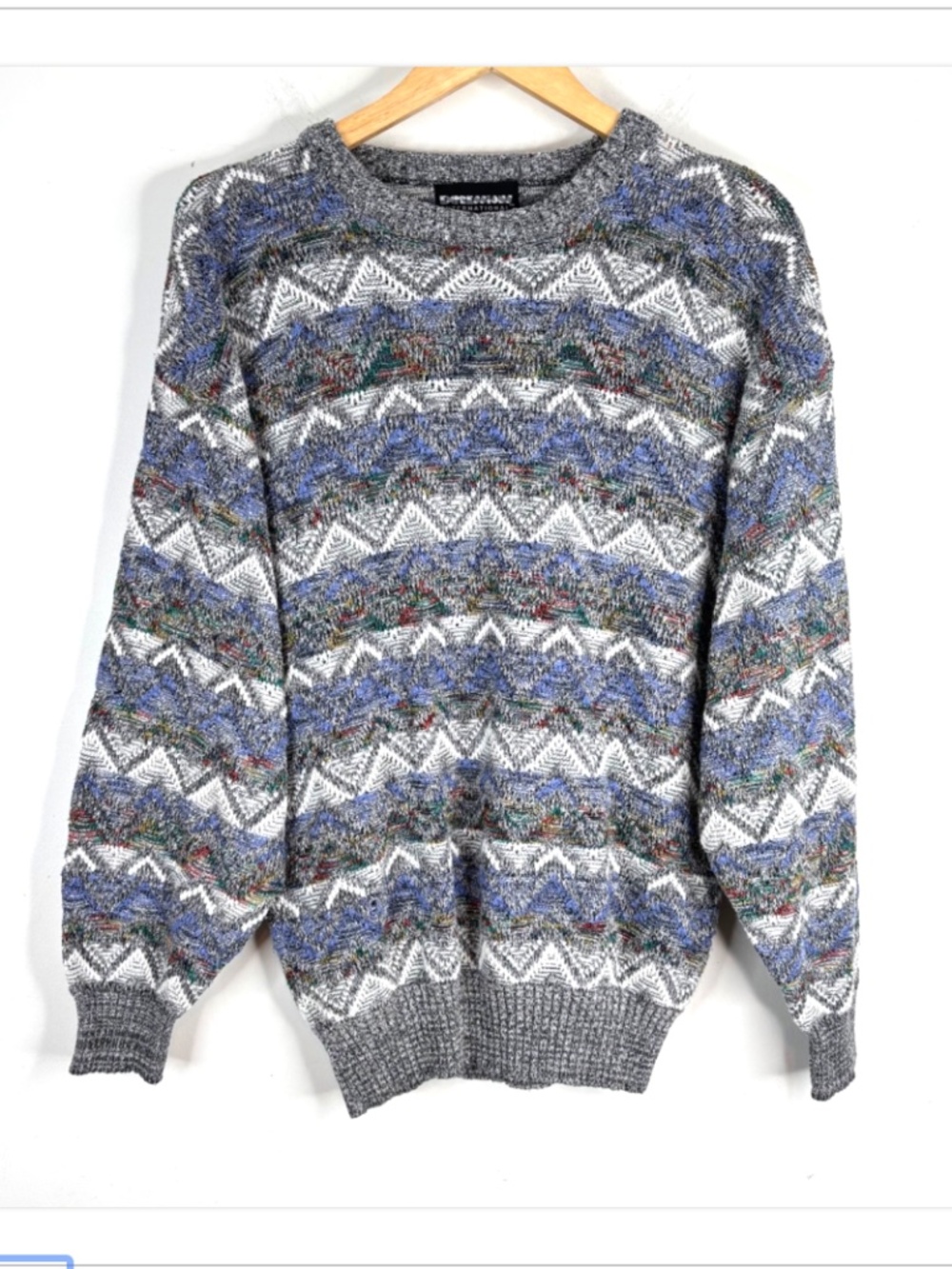 VTG 90s Expressions Geometric Sweater M Grandpa Retro Grunge Cosby Blue Striped